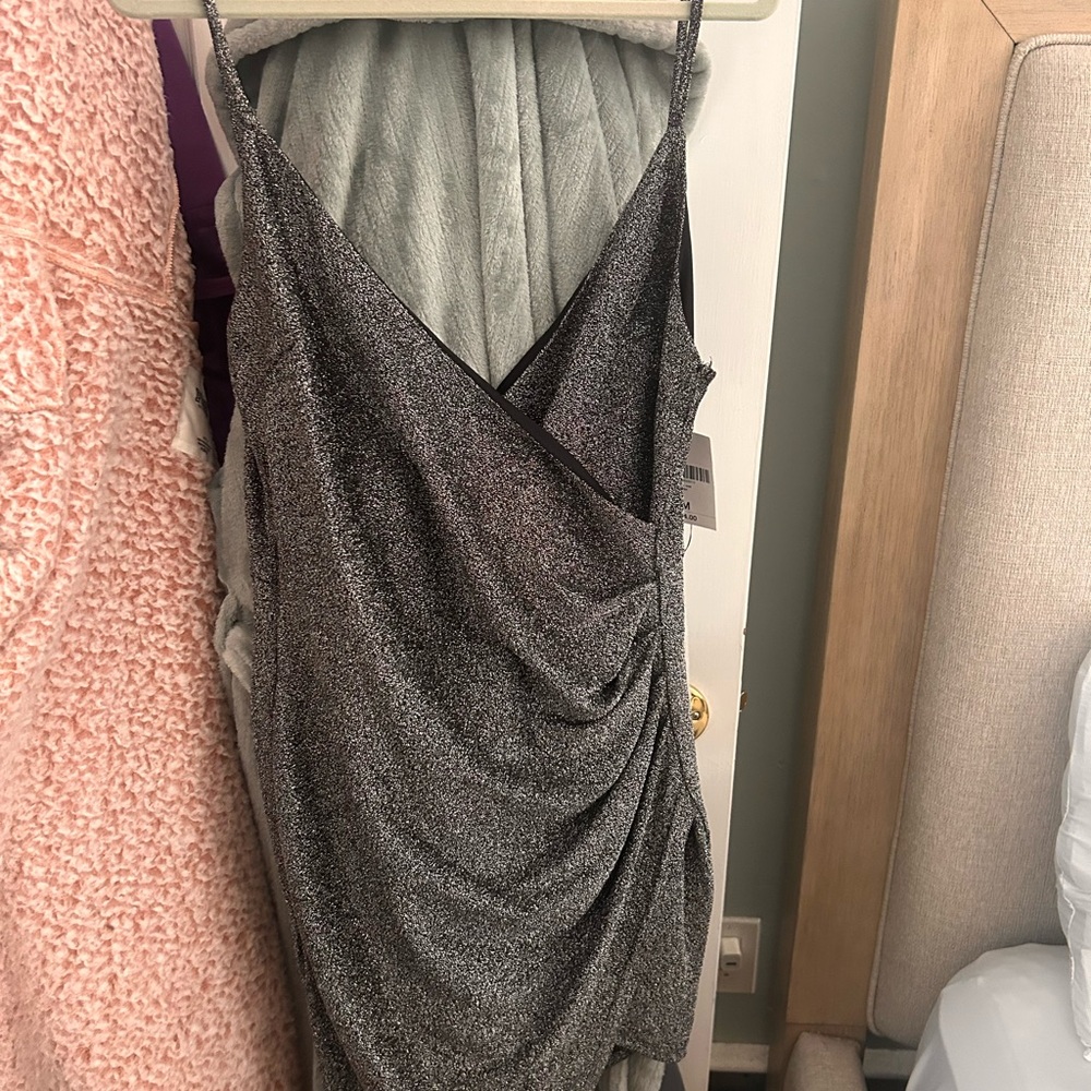 Forever 21 Gunmetal Shimmer Asymmetrical Draped Slip Dress